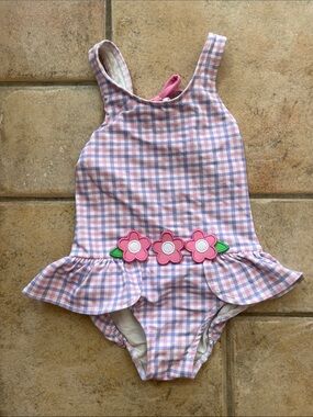 Florence Eiseman Pink & Lavender Plaid Floral Ruffle One-Piece Swimsuit